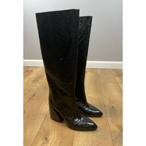 Chloé Wave Croc Embossed Leather Boots Black Size 38 NEW $1K+ Retail